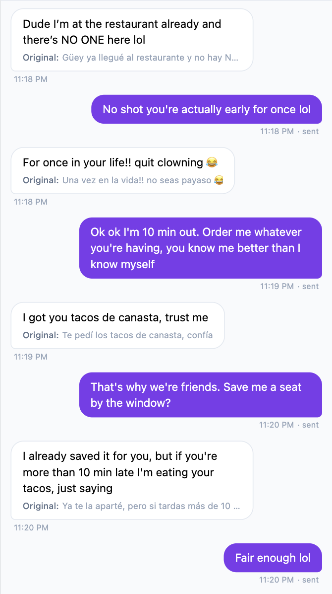 Jistchat conversation as the English speaker sees it: Spanish messages arrive translated into casual English, with the original Spanish one tap away